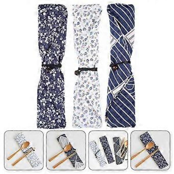 3 stk. Japansk stil bestikposer, transportable spisepindetasker, udendørs rejsebestikpose