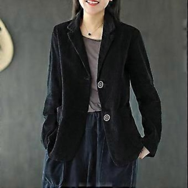 Fløjlsjakke med Revers Solid Kort Frakke Dame Efterår Langærmet Lomme Kunst Retro Casual Frakke Top (M sort)