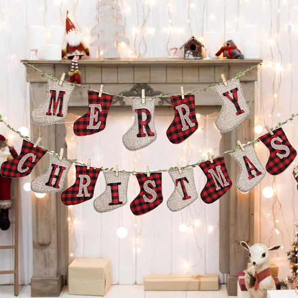 God jul-banner, rutete lerretsbanner med juletrær i furu