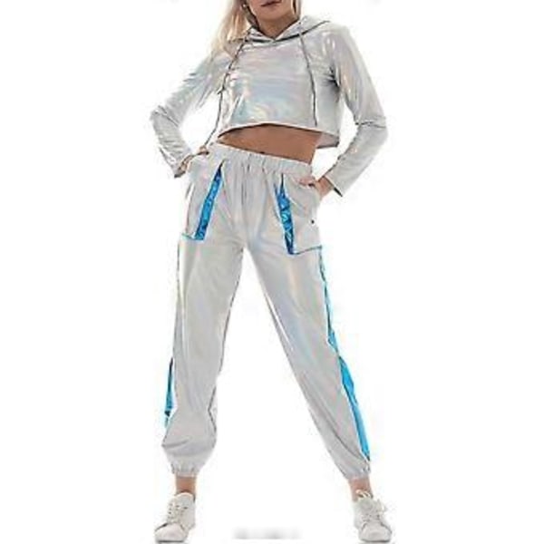 Rave-outfit för damer, glänsande crop top-hoodie, metalliska avslappnade långbyxor, hoodie-träningssweatshirt, discodans-klubbkläder (Small Holographic Silver-Blue)