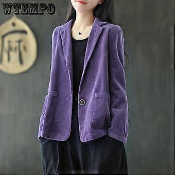 Kordfløyel Dressjakke Krage Ensfarget Kort Jakke Dame Høst Langermet Lomme Kunst Retro Casual Jakke Topp (2XL svart)