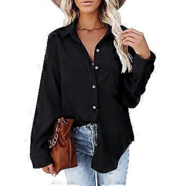 Dam Corduroy Skjortjacka med Knappar Boyfriend Långärmad Oversized Blusar Toppar Casual Kragjacka