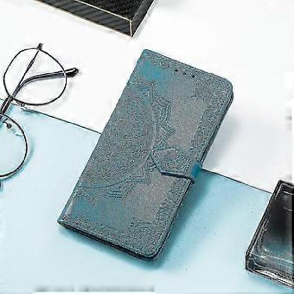 Iphone 11 Etui Læder Wallet Cover Præget Mandala Magnetisk Flip Beskyttelse Stødsikker - Blå