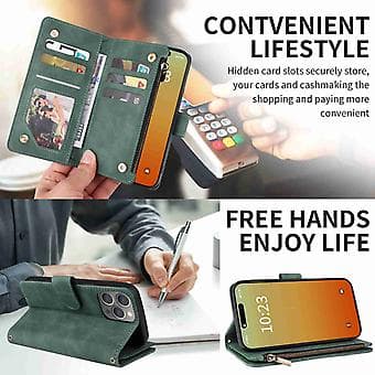 Tegnebog Lynlås Læder Telefon Etui Til iPhone 15 Pro Max (Grøn)