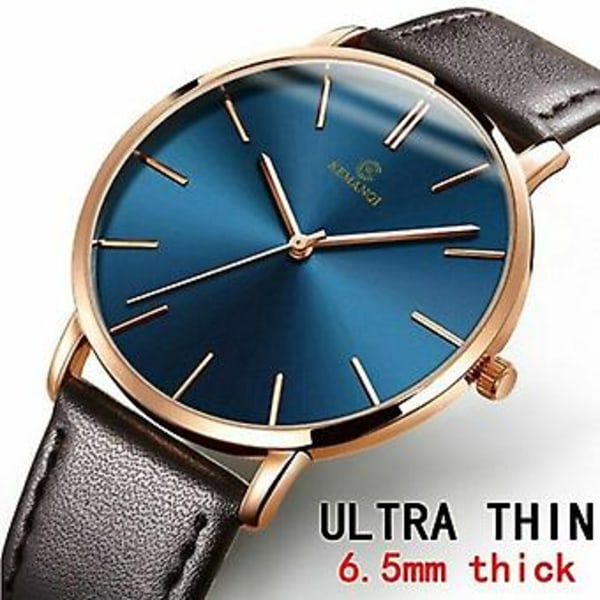 Trendig ultratunn minimalistisk herrklocka med smalt läderarmband i rostfritt stål, kvarts (Svart Blå)