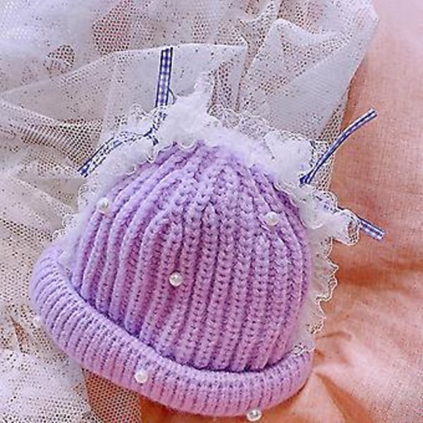 Kawaii Beaniehatt i Lolita-stil med spets och pärlor i ull, söt stickad mössa för bebis (Lila)