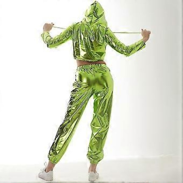 Rave-outfit för damer, glänsande crop top-hoodie, metalliska avslappnade långbyxor, huvtröja, träningssweatshirt, discodanskläder (Medium Ljusgrön)