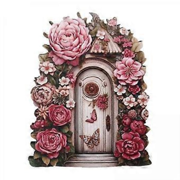 4x Miniatyr Fé Trädgårdsdörr Trä Trädgårdsstaty för Utomhus Gräsmatta Dekoration Rosa Blomma