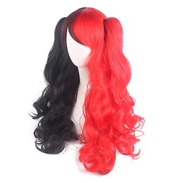 JUSCH Lolita Lång Lockig Clip-on Hästsvans Cosplay Peruk, Dubbel Hästsvans Tiger Clip Lång Lockig Peruk (Svart/Röd), WZ-1355R