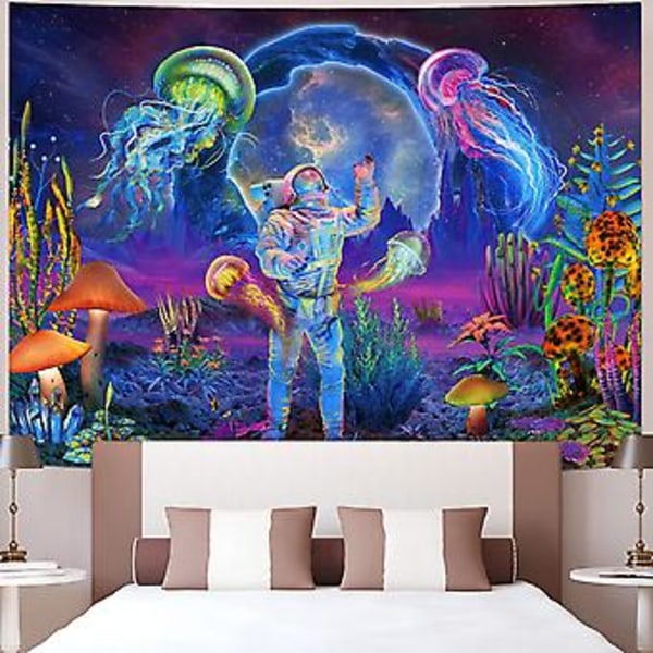 Svartlys Astronaut Tapestry UV-reaktiv Planter Maneter Neon Galaxy Romveggteppe For Rom W59h51