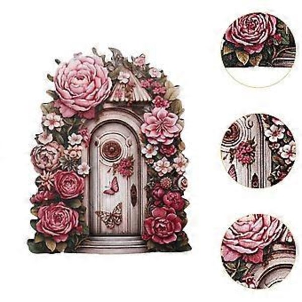 4x Miniatyr Fé Trädgårdsdörr Trä Trädgårdsstaty för Utomhus Gräsmatta Dekoration Rosa Blomma