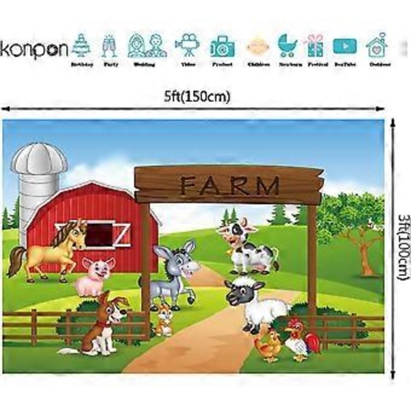 Fotobakgrunn Tegneserie Gårdsdyr Rød Låve Barn Bursdagsfest Dekorasjon Banner Bakgrunner for Fotografering 5x3ft XT-6525