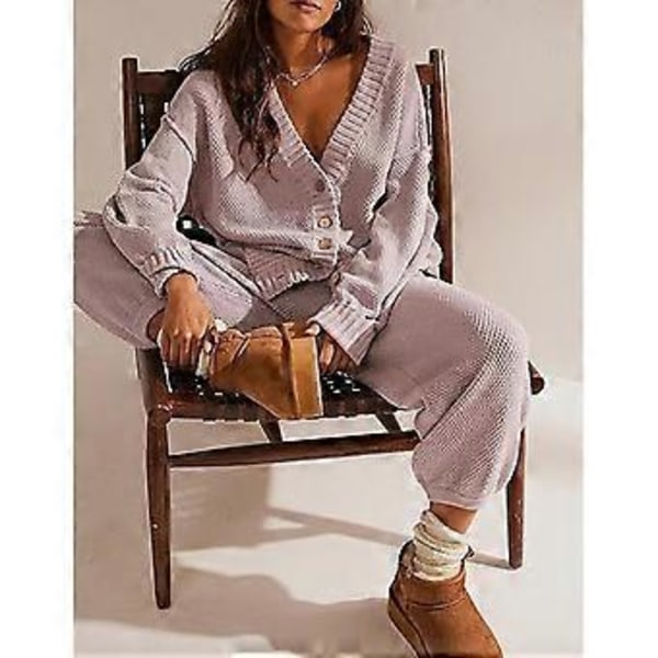 Strikkede Loungesæt til Kvinder 2 Dele Langærmet Cardigan Sweater Toppe og Sweatpants Sæt Todelt Matchende Sæt Grå XL(XL Grå)