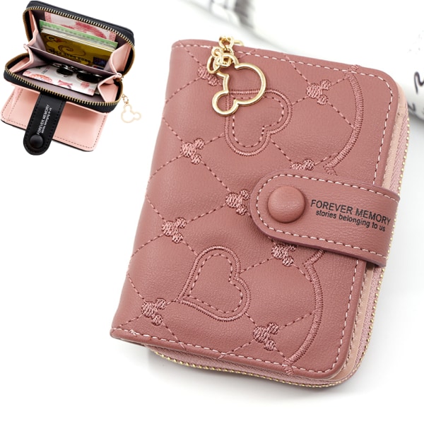 Personlig lommebok for kvinner rosa, liten sammenleggbar dame skinn pu