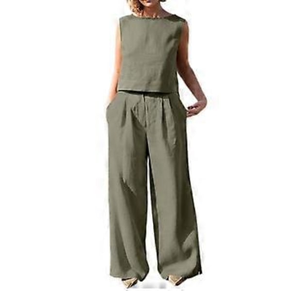 Sommar Dam Daglig Kostym Ärmlös Fritid Shopping Kort Lös Tank Top Raka Byxor Tvådelade Set Shopping Armégrön XXXL(XXXL Armégrön)