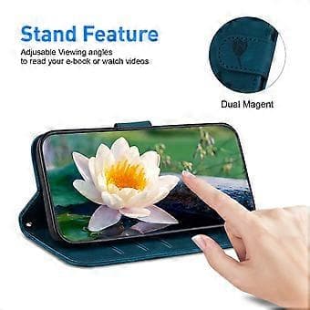 Kompatibelt för iPhone 16 Plus Telefonfodral Lotus Prägling Läder Ställ Plånboksfodral (Blå)