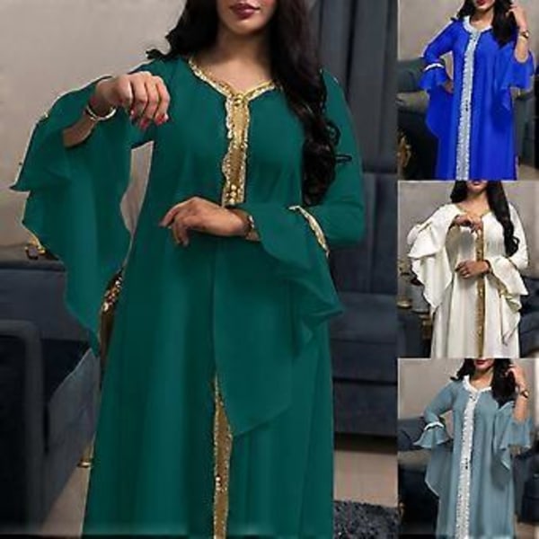 Løstsiddende Dubai Casual Kaftan Robe Broderi Muslimsk Kjole Abaya til Kvinder (L Hvid)