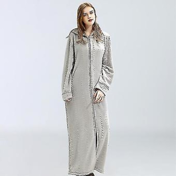Dame Kappekåpe Badekåpe Varm Myk Kvinners Fleece Glidelås Opp Lange Kapper (M Lys Grå)