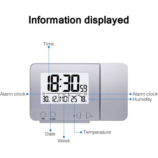 Silver, LED-projektionsklocka, digital väckarklocka med projektion inomhustemperatur 4 nivåer