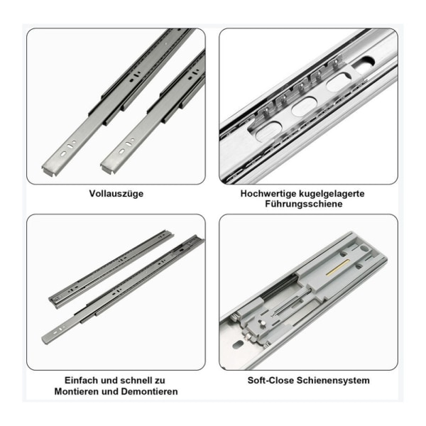 4 stk. 350mm skuffeskinner Skuffeskinner med automatisk retur Fuld udtræksskinne 45mm