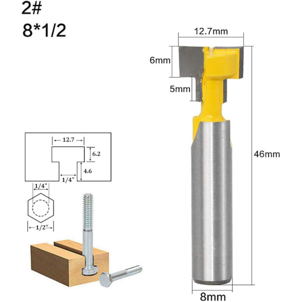 2 stk. 8mm skaft T-spor fræser bitsæt træskæring T-spor træbearbejdning T-spor fræser bits til 9,52mm a