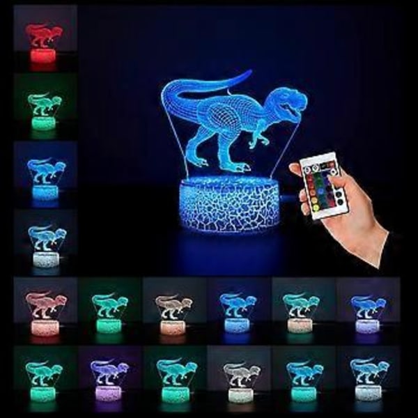 3D Dinosaur Natlys for Børn med 16 Farver Fjernbetjening, Dekor Lampe og Varmt Hvidt Lys til Søvn, Jule- & Fødselsdagsgaver til Børn