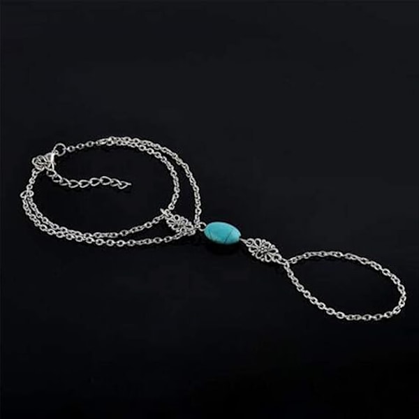 Turkos Finger Ring Armband Söt Silver Blomma Selar Bangl