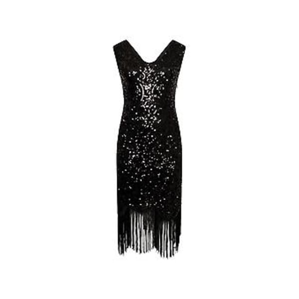 1920-tals Flapper Klänning V-ringad Paljettklänning Pärlbroderad Klänning Roaring 20s Gatsby Fransklänning Festklänning (L Svart)