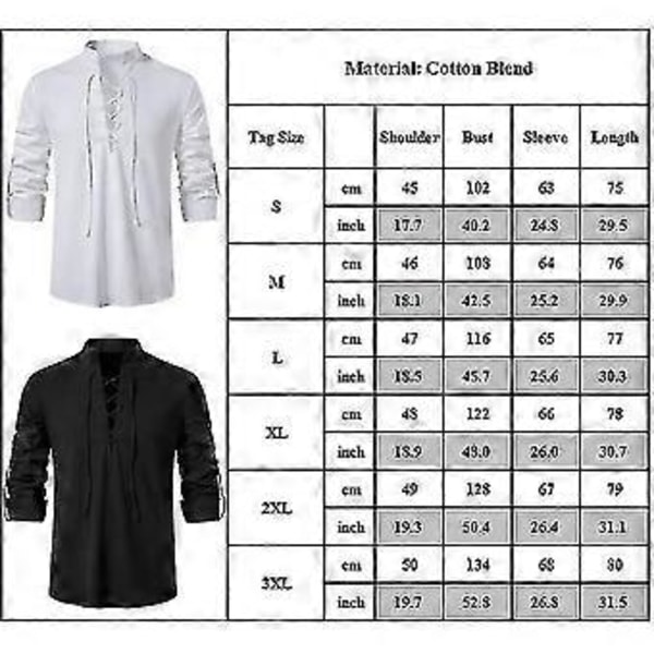 Herre Retro Langærmet Skjorte Toppe Renaissance Viking Pirat Hippie Bluse -NMAOV(M Sort)