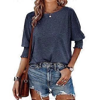Dame Crew Neck 3/4 Erme Basic T-skjorter Solid Løs Søt Tunika Topper Bluser Basic Tee Bluser Tee Topp Casual Tunika Topp Marineblå M(M Marineblå)