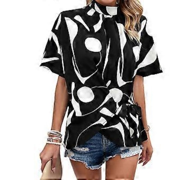 Kortærmet afslappet T-shirt til kvinder, sommer plisseret standkrave løse T-shirts bluse top L sort (L sort)