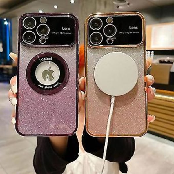 För Iphone 14 Stort Fönster Magsafe Gradient Glitter Elektropläterad Tpu Telefonfodral (Roseröd)