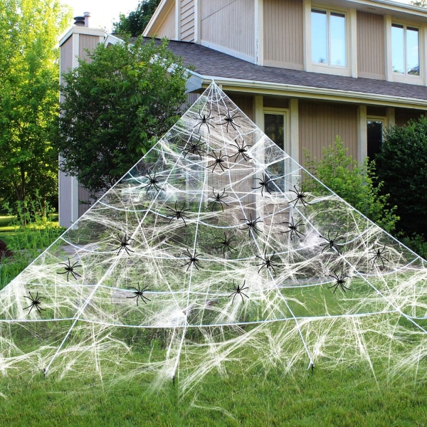 Halloweendekorationer, 5 meter vitt triangulärt nät + 125 spindlar