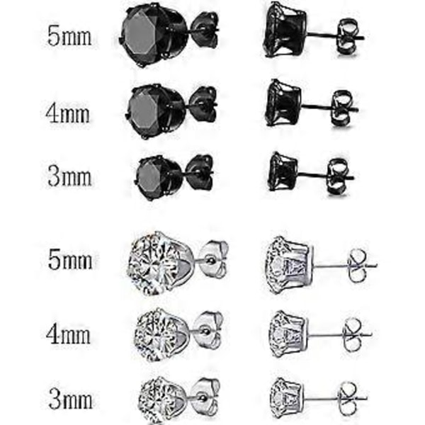 6 Par Titanium og Rustfrit Stål Mænd Kvinder Stud Øreringe Sæt Sort og Klar Rund Cubic Zirconia Indlagt Pierced Hypoallergen 3-5mm