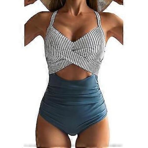 Dame Twist Cut Out Monokini Badetøj Farveblok Hel Badedragt Bindebånd Kryds Ruched Strækbart Badetøj (XL Stribet * Blå)
