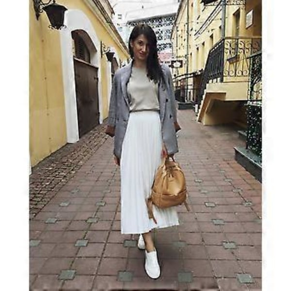 Dame Vår Høst Elegant Chic Ensfarget Plissert Skjørt Høy Midje Luksus Mote Med Elastisk Kvinne C-035(L beige)