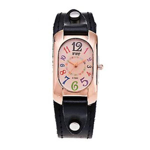Dame Herre Armbåndsur Analog Quartz Mode Læderrem Rosaguld Ure (Sort)