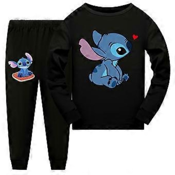 Søde Stitch-trykte Pyjamas til Drenge og Piger - Langærmet Top + Bukser - Natsæt - Sovebeklædning (9-10 År Sort)
