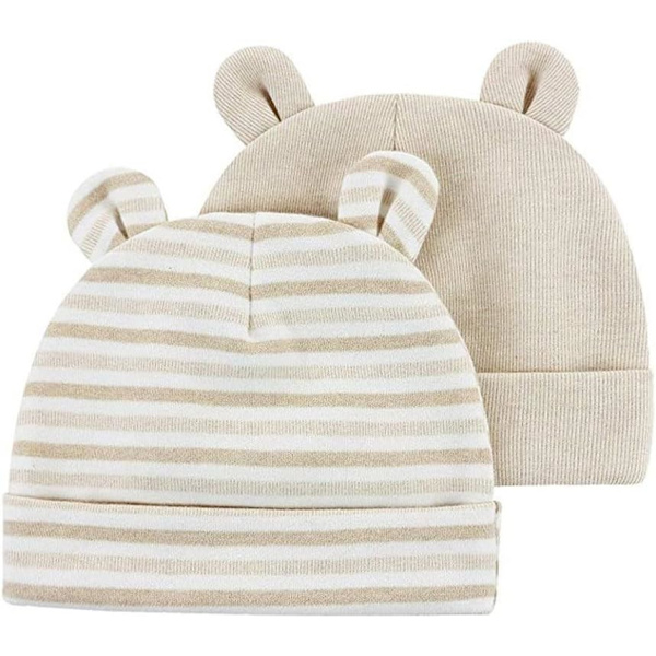 2-pack aprikos, beige nyfödd sjukhusmössa 0-6 månader björnöron B