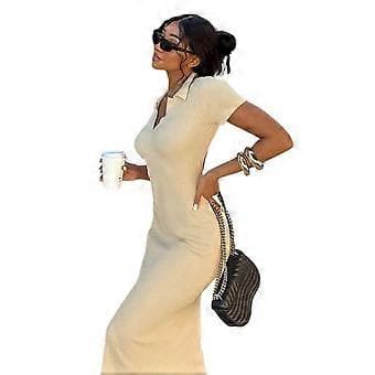 Dam Sid Split Maxiklänning Knäppning Kort Ärm Lång Bodycon Klänning Aprikos XL (XL Aprikos)