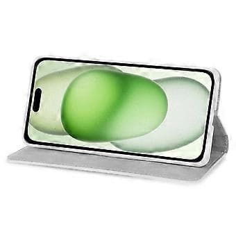 PU-lær lommebokdeksel for iPhone 15 etui stativ glitter skjøting telefon skall med stropp (Stil E)