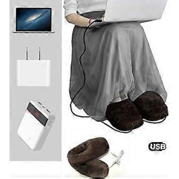 Elektriska USB-värmetofflor, Uppvärmda plyschskor, 1 par inomhus fotvärmare, Vinterkängor för kallt väder, Hustomtar (SVART)
