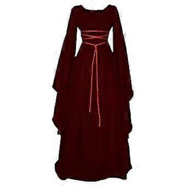 Dame Halloween Renaissance Middelalder Maxi Kjole Gotisk Kostume A(2XL Vinrød)