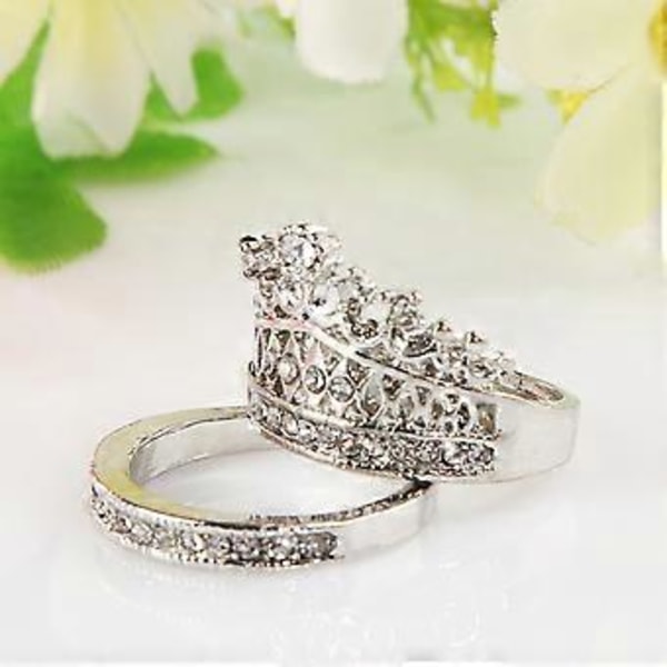 2 st Kvinnoringar Kronmönster Rhinestone Inlagd Legering Vigselringar Brudset för Förlovning (6 Silver)