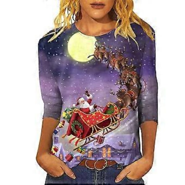 Dam Julträd Jultomte Tryckt 3/4 Ärm Rundhalsad T-shirt Toppar (S B)