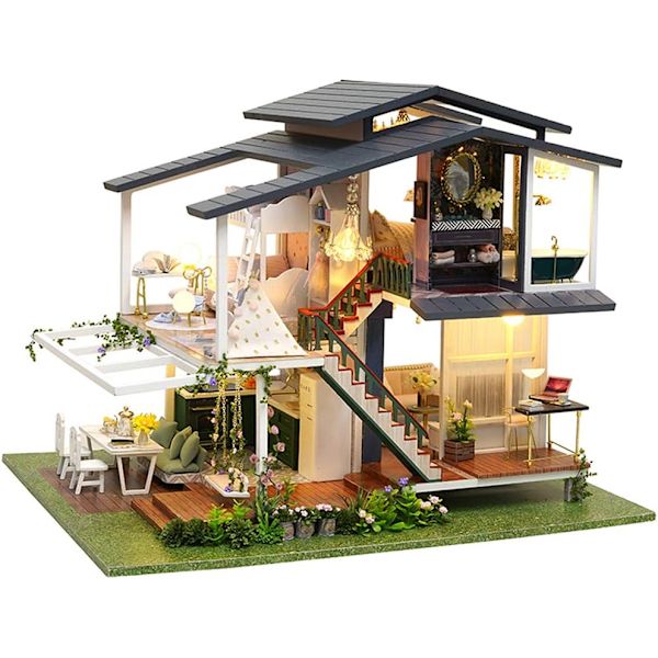 Miniatyyrinukkekoti huonekaluilla, DIY-puinen nukkekodin sarja plus pöly ja musiikkiliike, 1:24 Crea