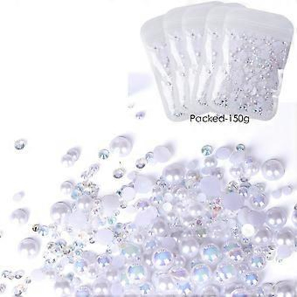 120g/150g Blandade Flatback Pärlor Strass för Hantverk, 3mm-10mm Blandade Resin Pärlor Strass för Naglar Ansiktskonst Tumblers (150g P)