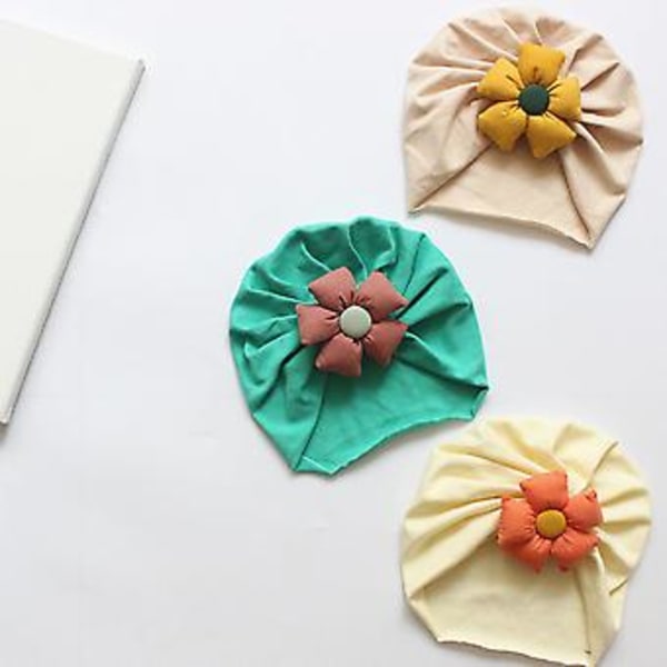 Baby Toddler Hatt Söt Blomma Knyta Beanie Cap Huvudband Nyfödd Mjuk Solid Färg Bonnet Spädbarn Huvudbonader För 3-18 Månader Babygåvor (Gul och Grå)