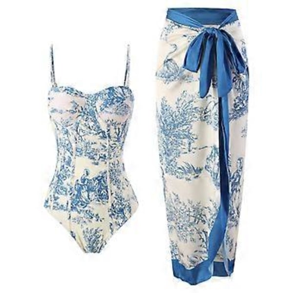 Dam Baddräkt Tvådelad med Sarong Set Baddräkt (L Blå)