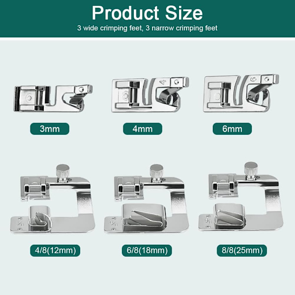 6 st rullade fållar i rostfritt stål, rullade fållar, pressarfot för sömnad, pressarfot för rullade fållar